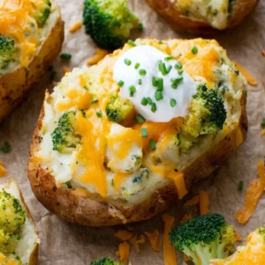 Delicious broccoli and cheddar twice-baked potatoes served on a plate.