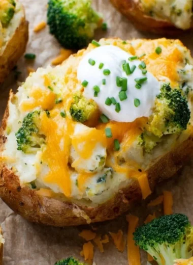 Delicious broccoli and cheddar twice-baked potatoes served on a plate.