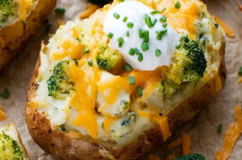 Delicious broccoli and cheddar twice-baked potatoes served on a plate.