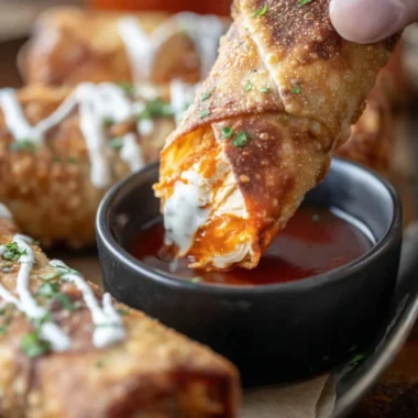 Delicious Buffalo Chicken Egg Rolls served on a platter.