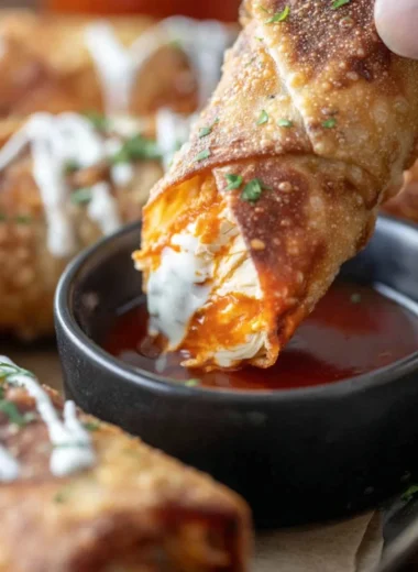 Delicious Buffalo Chicken Egg Rolls served on a platter.