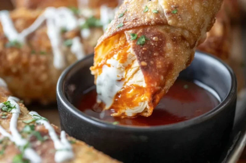 Delicious Buffalo Chicken Egg Rolls served on a platter.