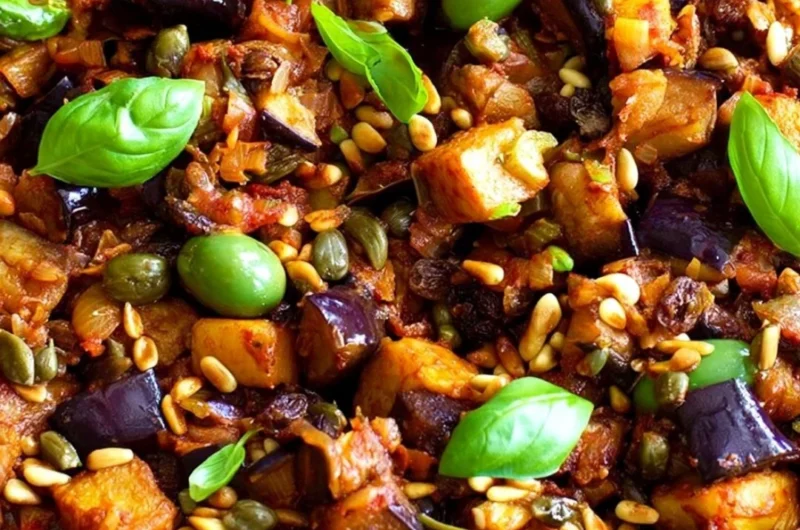 Delicious Caponata served in a bowl with fresh ingredients.