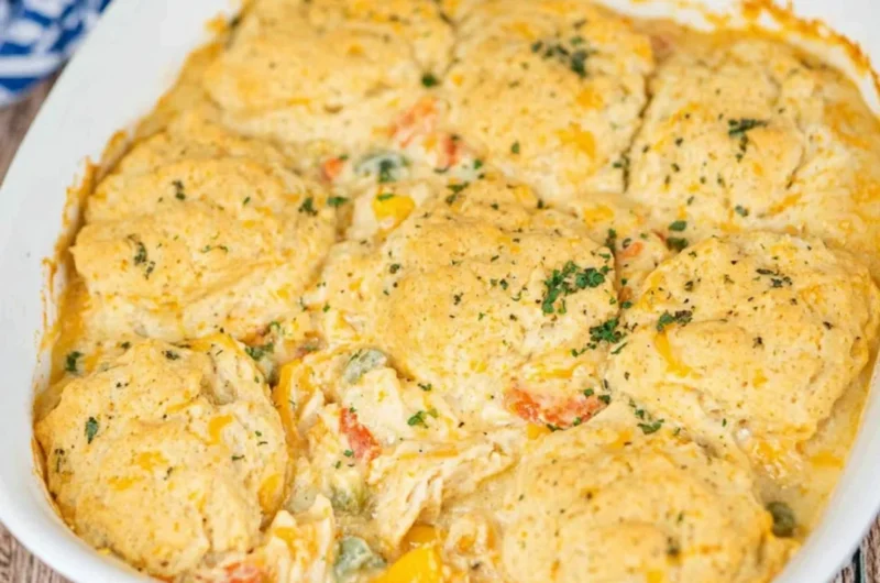 Cheddar Bay Chicken Pot Pie Casserole garnished with herbs in a rustic dish