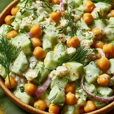 Chickpea and cucumber salad topped with creamy yogurt dressing in a bowl