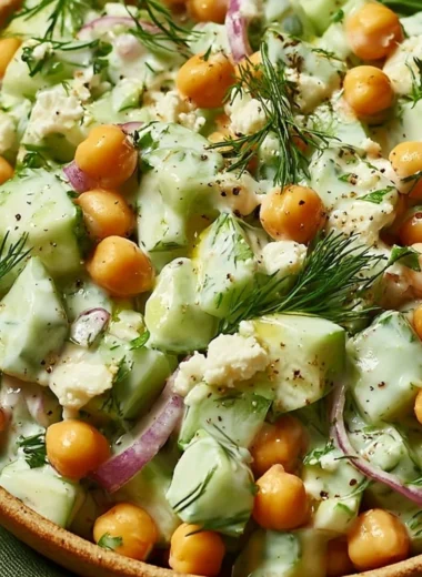 Chickpea and cucumber salad topped with creamy yogurt dressing in a bowl