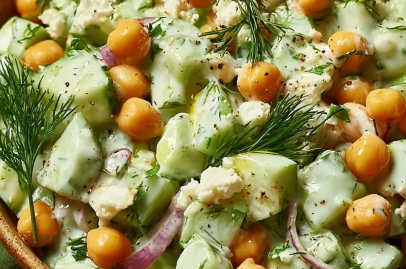 Chickpea and cucumber salad topped with creamy yogurt dressing in a bowl