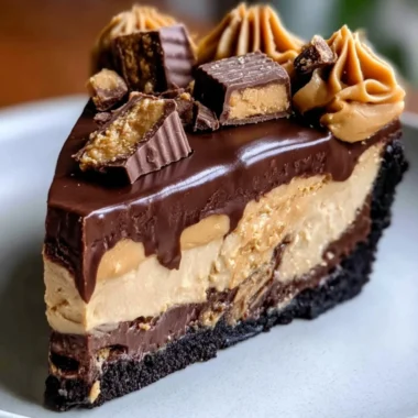 Deliciously rich Chocolate Peanut Butter Pie on a dessert plate