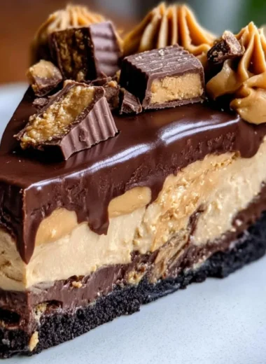 Deliciously rich Chocolate Peanut Butter Pie on a dessert plate