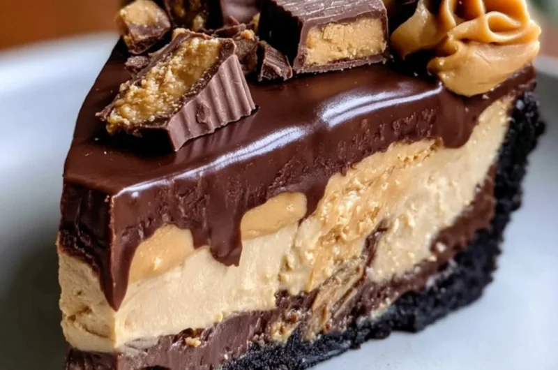 Deliciously rich Chocolate Peanut Butter Pie on a dessert plate