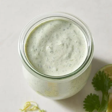 Cilantro lime cream drizzled over tacos garnished with lime and fresh cilantro