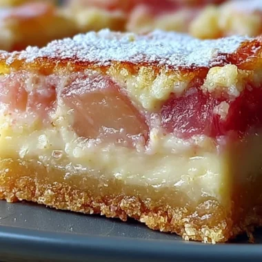 Classic rhubarb custard bars served on a plate, showcasing their delicious layered texture.