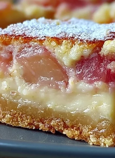 Classic rhubarb custard bars served on a plate, showcasing their delicious layered texture.