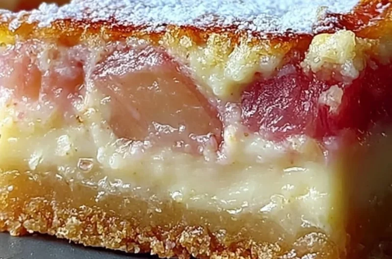 Classic rhubarb custard bars served on a plate, showcasing their delicious layered texture.