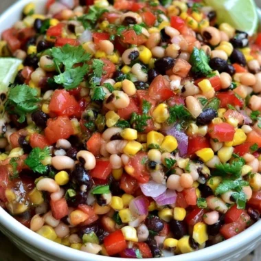 Bowl of colorful Cowboy Caviar dip with vegetables and beans for a tasty appetizer