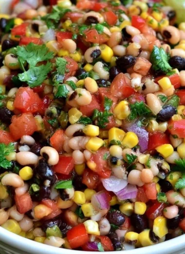 Bowl of colorful Cowboy Caviar dip with vegetables and beans for a tasty appetizer