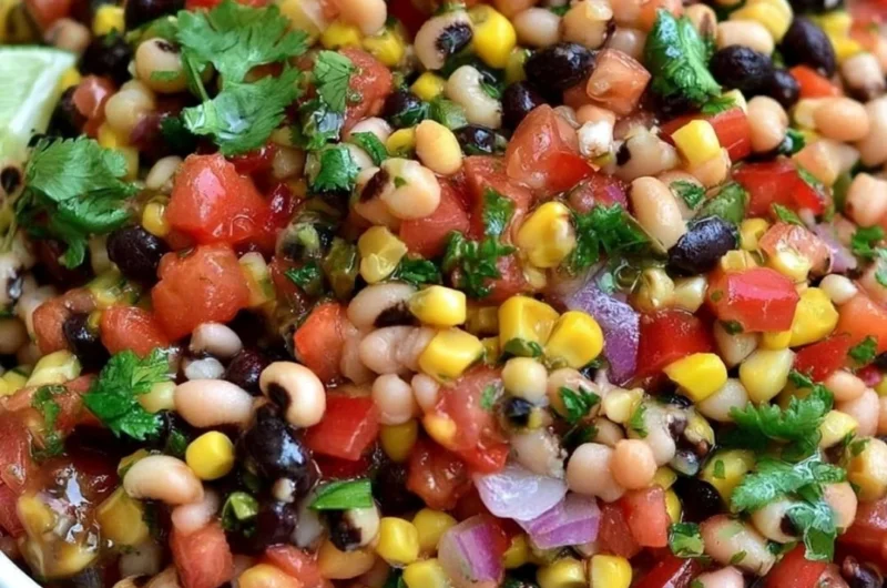 Bowl of colorful Cowboy Caviar dip with vegetables and beans for a tasty appetizer