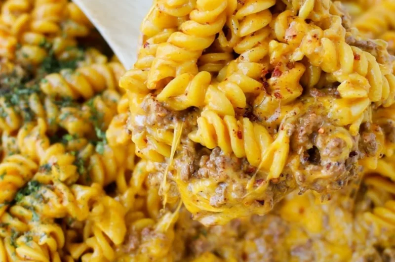 Bowl of creamy beef rotini pasta topped with fresh herbs