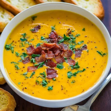 Bowl of creamy carrot soup garnished with fresh herbs and spices