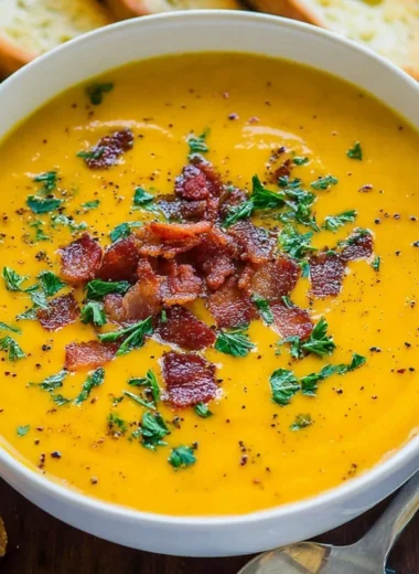 Bowl of creamy carrot soup garnished with fresh herbs and spices