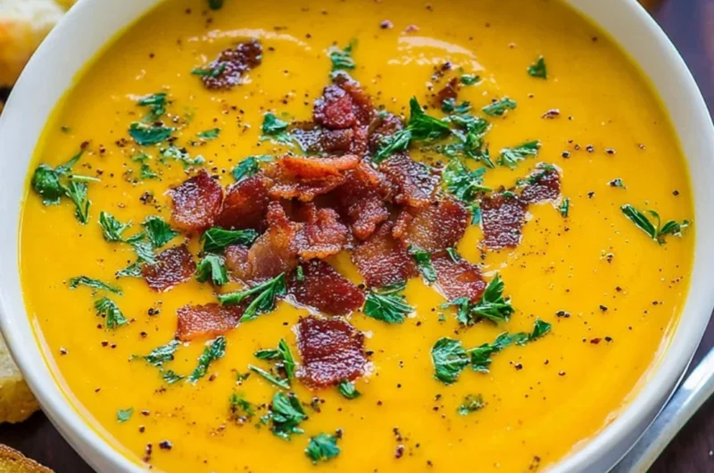 Bowl of creamy carrot soup garnished with fresh herbs and spices