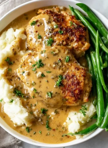 Delicious creamy garlic chicken served on a plate with fresh herbs
