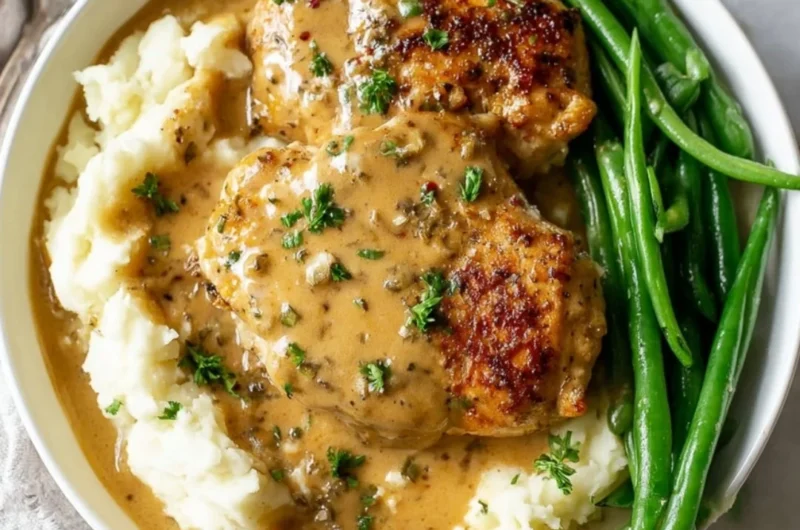 Delicious creamy garlic chicken served on a plate with fresh herbs