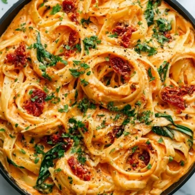 Creamy vegan sun-dried tomato pasta served in a bowl with fresh basil.