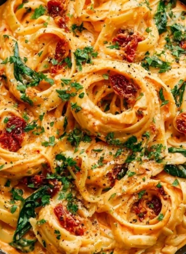 Creamy vegan sun-dried tomato pasta served in a bowl with fresh basil.