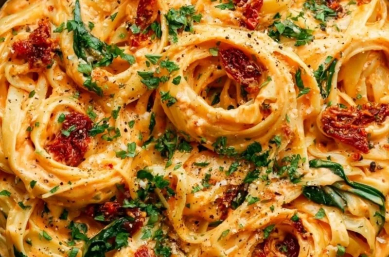 Creamy vegan sun-dried tomato pasta served in a bowl with fresh basil.