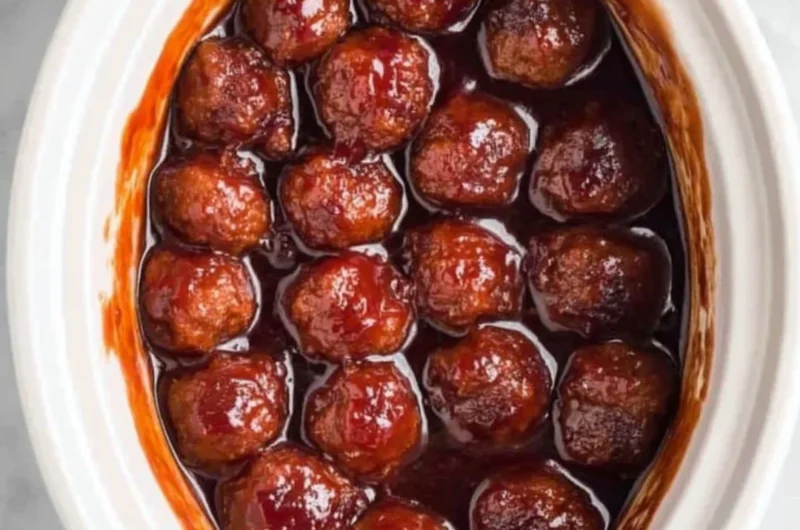 Crockpot BBQ grape jelly meatballs in a serving dish