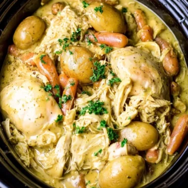 Delicious Crockpot Ranch Chicken with colorful vegetables cooked together