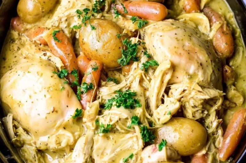 Delicious Crockpot Ranch Chicken with colorful vegetables cooked together