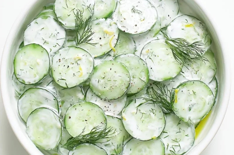 Fresh cucumber yogurt salad served in a bowl with herbs