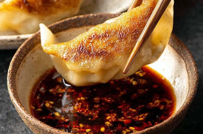 Homemade dumpling dipping sauce in a small bowl with dumplings on the side