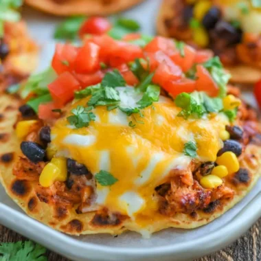 Delicious chicken tostada topped with fresh ingredients and salsa.