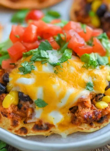 Delicious chicken tostada topped with fresh ingredients and salsa.