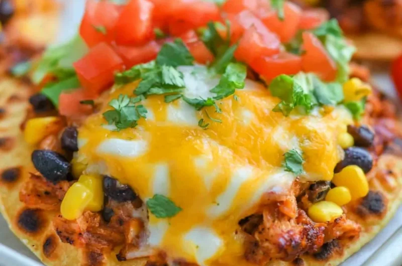 Delicious chicken tostada topped with fresh ingredients and salsa.