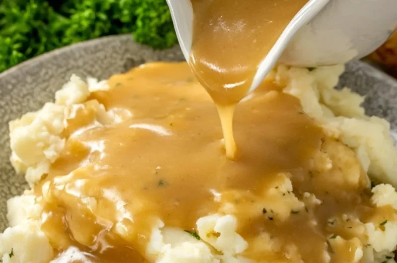 Bowl of easy homemade gravy drizzled over mashed potatoes.