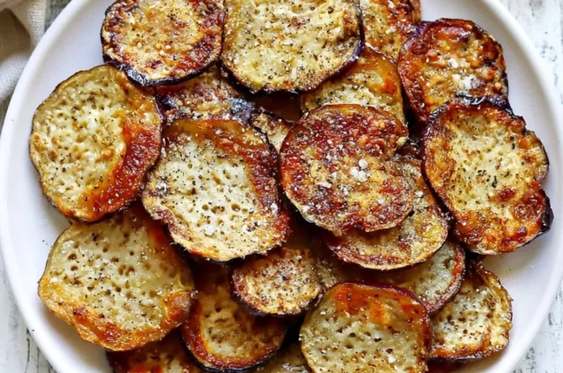 Crispy homemade eggplant chips served in a bowl
