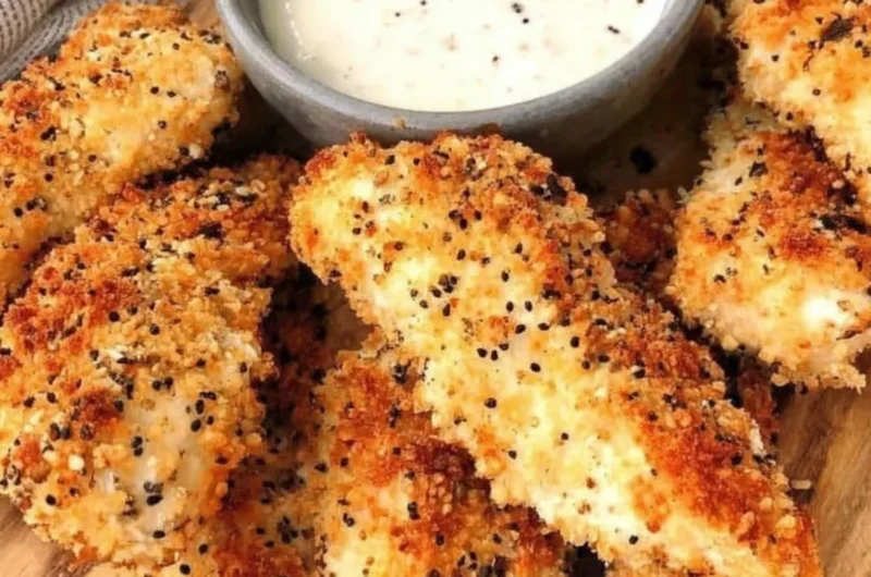 Crispy Everything Bagel Chicken Tenders with seasoning and dipping sauce