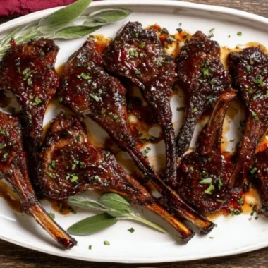 Elegant pomegranate lamb chops garnished and ready to serve at a dinner table.