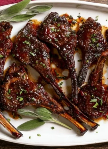 Elegant pomegranate lamb chops garnished and ready to serve at a dinner table.