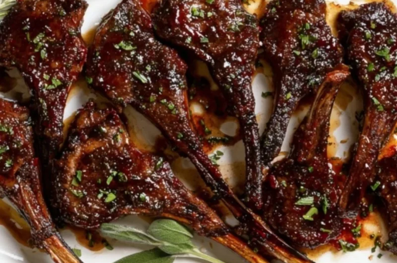 Elegant pomegranate lamb chops garnished and ready to serve at a dinner table.