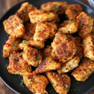 Delicious Garlic Parmesan Chicken Bites served on a plate with herbs.
