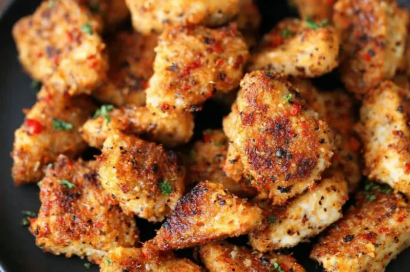 Delicious Garlic Parmesan Chicken Bites served on a plate with herbs.