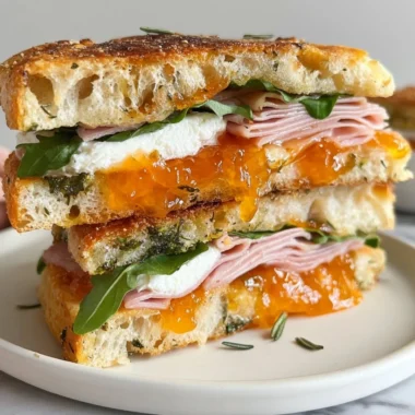 Goat's cheese and ham focaccia sandwich with apricot jam on a wooden table