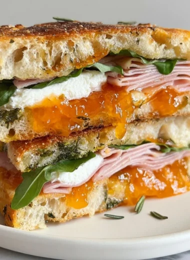 Goat's cheese and ham focaccia sandwich with apricot jam on a wooden table
