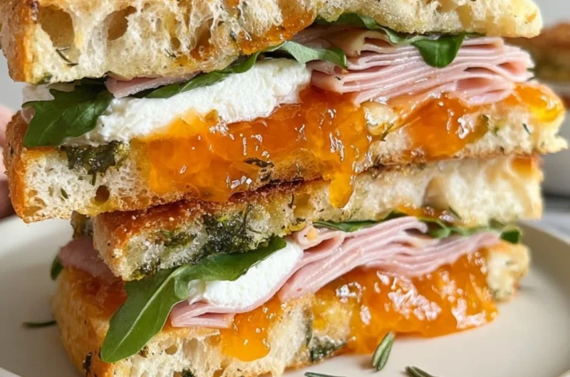 Goat's cheese and ham focaccia sandwich with apricot jam on a wooden table