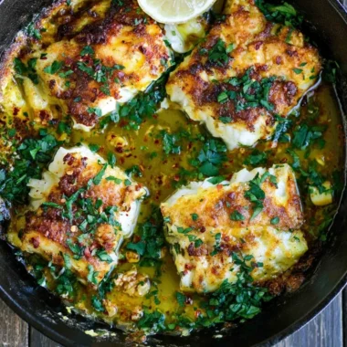 Delicious Greek Style Baked Cod served with herbs and lemon.